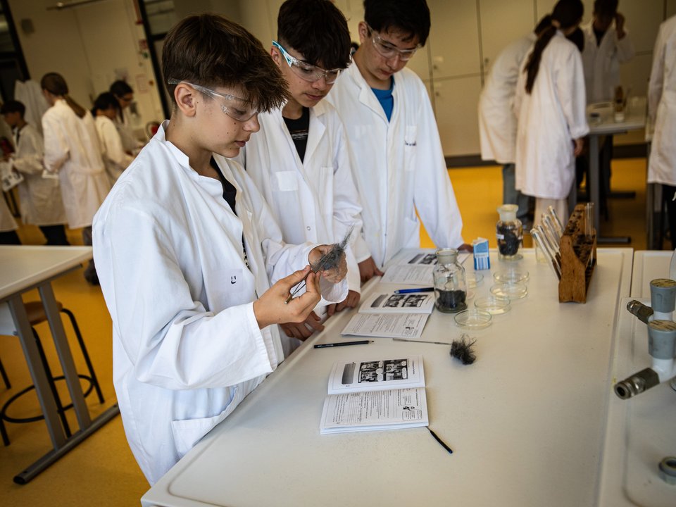 Drei Schüler mit Schutzbrillen bei einem chemischen Experiment