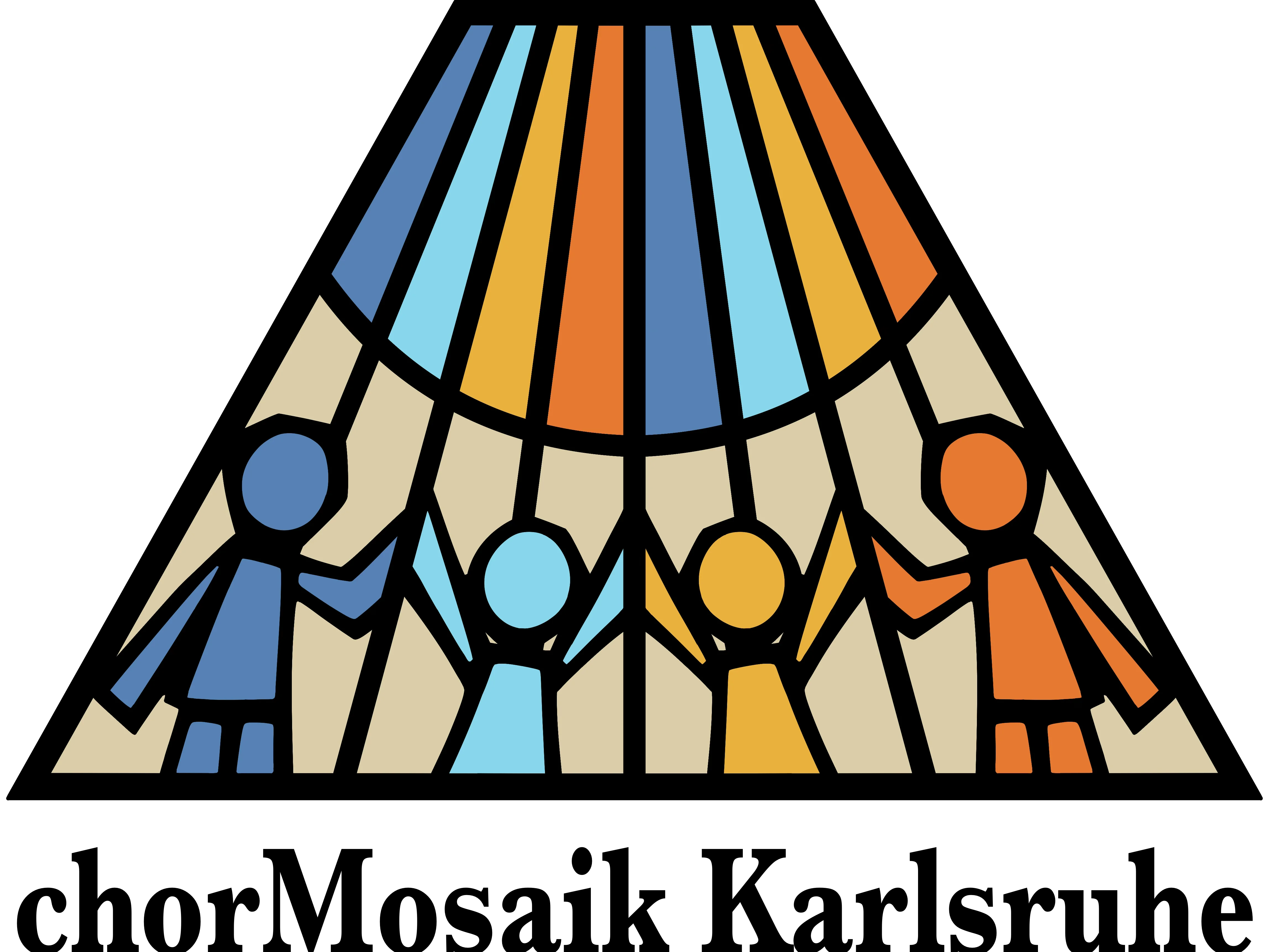 In dem mehrfarbigen fächerartigen Logo sind im unteren Bereich vier singende Menschen symbolisiert, die sich an den Händen halten.