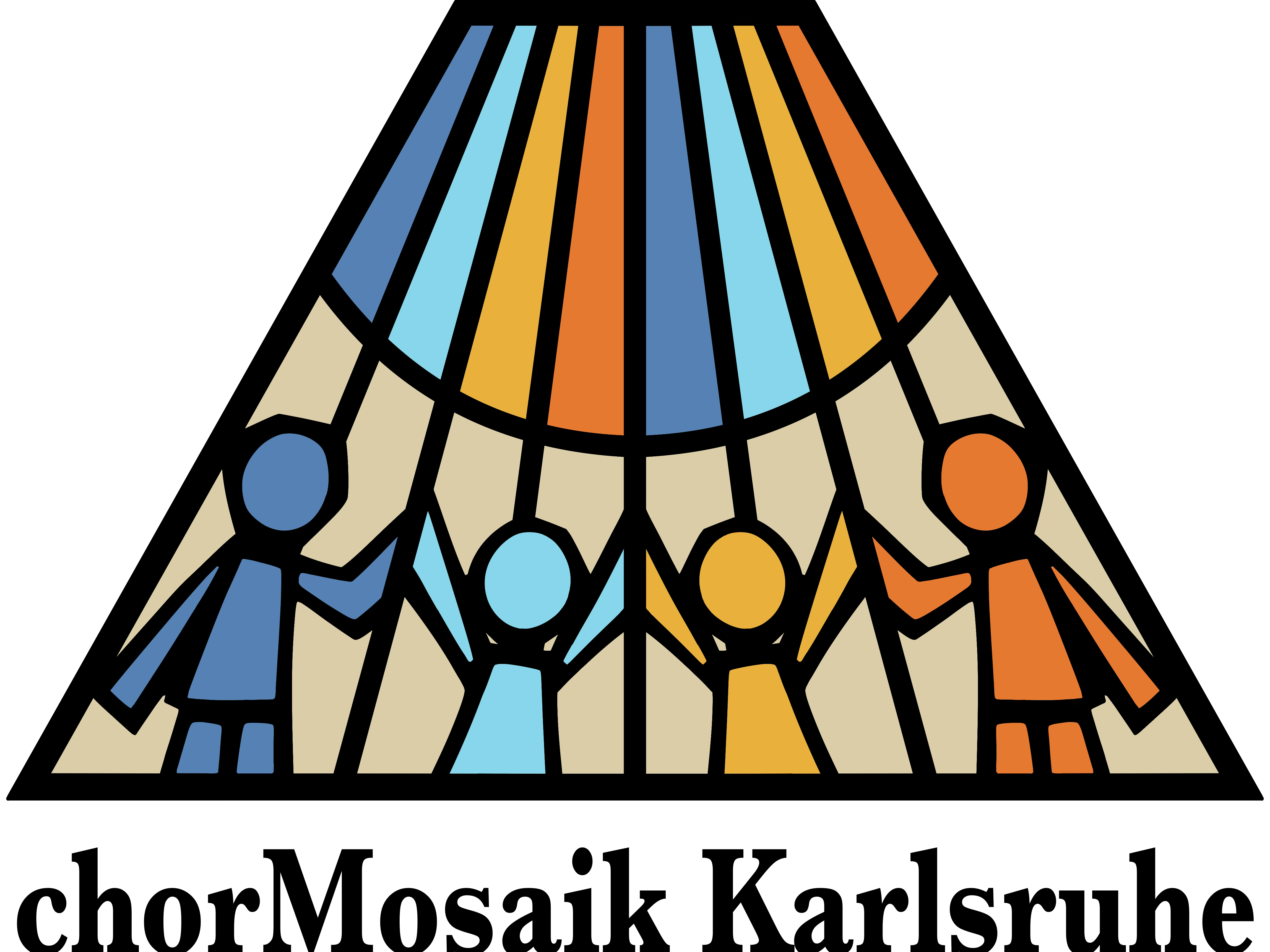 In dem mehrfarbigen fächerartigen Logo sind im unteren Bereich vier singende Menschen symbolisiert, die sich an den Händen halten.