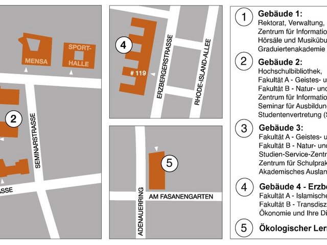 Übersicht über die Gebäude der Pädagogischen Hochschule Karlsruhe mit Angaben, welche Einrichtungen sich in welchem Gebäude befindet.