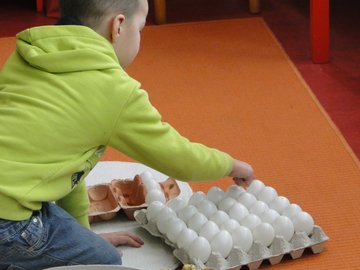 Ein Kind zählt Eier in einer Eierpalette ab.