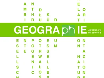 Das Bild zeigt das Logo des Faches Geographie an der Pädagogischen Hochschule Karlsruhe. Der Schriftzug, bei dem für jeden Buchstaben des Wortes Geographie ein passendes Wort im Sinne eines Wortsalates ergänzt wurde, vermittelt die fachliche Schwerpunktsetzung in Karlsruhe: Humangeographie, Sprachenbewusstsein, Mensch-Umwelt-Fragen.