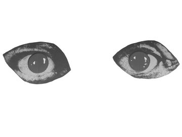 Zwei stilisierte, schwarz-weiße Augen sind nebeneinander auf hellem Hintergrund dargestellt. Die Augen wirken gezeichnet oder gedruckt und blicken direkt nach vorne.