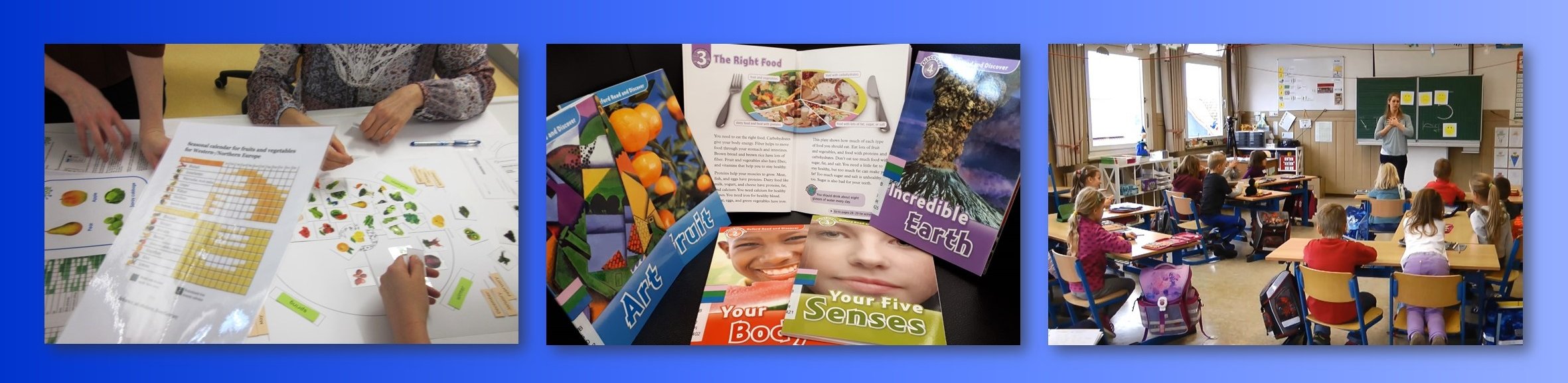 Drei Fotos zeigen Lernsituationen an der Hochschule und an einer Schule sowie fachbezogene Bücher.