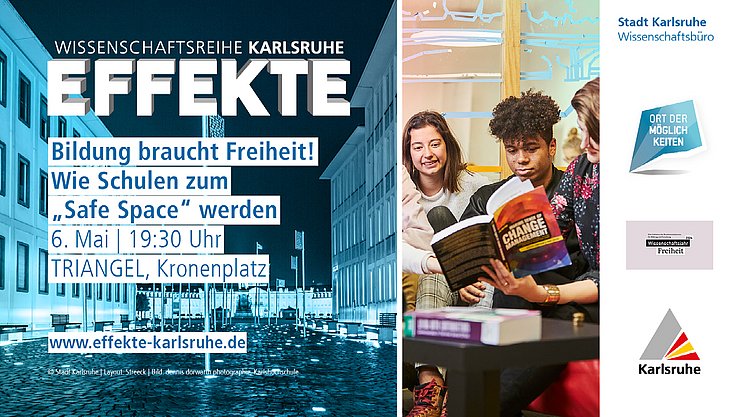 Neben dem Logo und Symbilbild der EFFEKTE-Reihe 2024-25 ist das Bild eines einer Gruppe Studierender zu sehen. die Person in der Mitte liest.