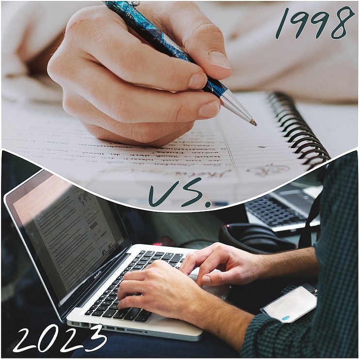 Oben schreibt jemand mit der Hand auf Papier, unten - getrennt durch einne welligen Strich - schreibt jemand auf dem Laptop. Es ist beschriftet mit 1998 vs 2023.