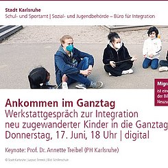 Das Banner enthält ein Bild, die Daten zur Veranstaltung und die vier Logos der beteilgiten Institutionen. Das schmale Bild zeigt eine FSJ-Kraft, ein junger Mann, mit fünf Kindern mit Migrationshintergrund auf dem Schulhof hockend. Der junge Mann und eine ältere Schülerin tragen Maske. gt