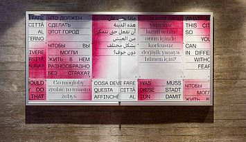 Typografisches Kunstwerk an einer Betonwand, bestehend aus mehrsprachigen Texttafeln in Rot-Weiß. Die Tafeln zeigen die Frage: „Was muss diese Stadt tun, damit du ohne Angst verschieden leben kannst?“ in mehreren Sprachen.