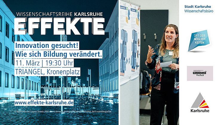 Neben dem Logo und Symbilbild der EFFEKTE-Reihe 2024-25 ist das Bild einer Frau bei einer wissenchaftlichen Präsentaiton, ganz rechts die Logos der Veranstalter