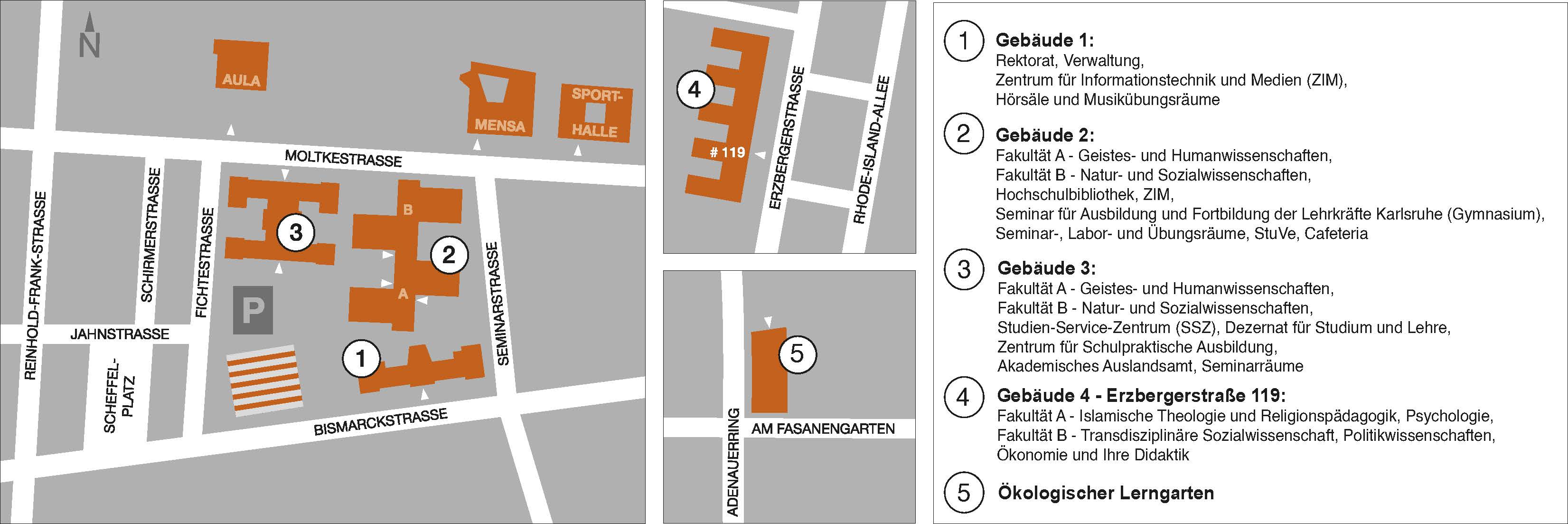 Gebäudeplan der Hochschule. Erläuterung im Text darüber.
