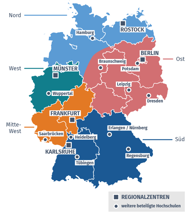 Deutschlandkarte, in der die Regionalzentren von LemaS und weitere beteiligte Hochschulen verzeichnet sind